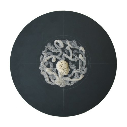 Felicity Powell 'Sponge–Head Armed' (wax on back of mirror, 20cm/7.9" diameter, 2009). go to the next image. Felicity Powell 'Sponge–Head Armed' (wax on back of mirror, 20cm/7.9" diameter, 2009)