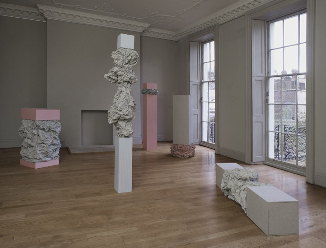 Rachel Adams 'Cut from Whole Cloth' installation view at domobaal, photo by Andy Keate, 2011 ['Cut from Whole Cloth (I)' wood, fabric, glue, photocopier paper, gouache, 109.5(h)×70×70cm (pink) 2011, 'Cut from Whole Cloth (II)' wood, fabric, glue, photocopier paper, gouache, 180(h)×47×47cm (pink) 2011, 'Cut from Whole Cloth (III)' wood, fabric, glue, photocopier paper, gouache, 150(h)×55×55cm (blue) 2011, 'Cut from Whole Cloth (IV)' wood, fabric, glue, photocopier paper, gouache, 226(h)×50×50cm (turquoise) 2011, 'Cut from Whole Cloth (V)' wood, fabric, glue, photocopier paper, gouache, 50(h)×170×50cm (blue) 2011]