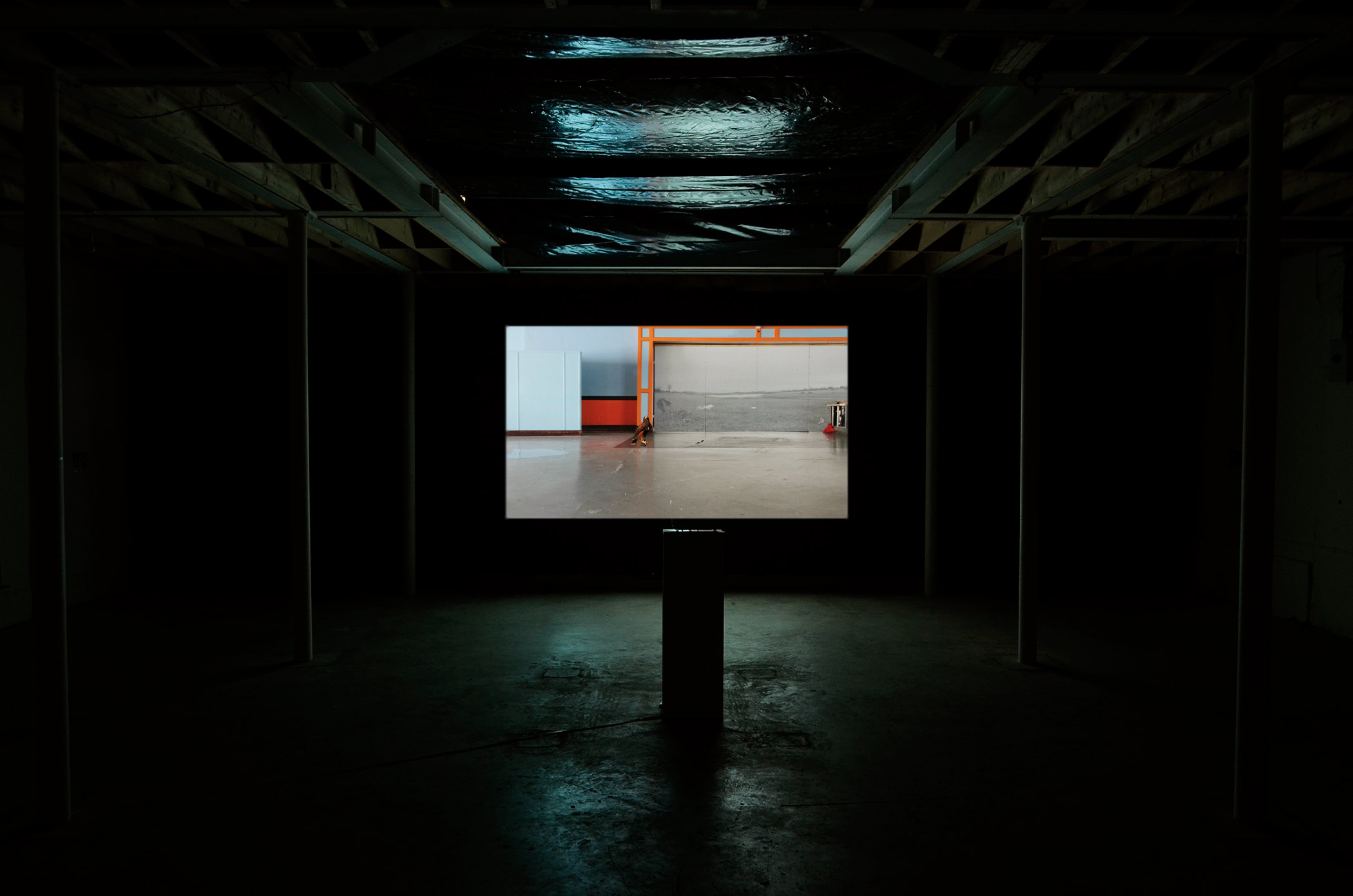 Ailbhe Ní Bhriain 'Departure' single–screen installation, video & cgi composite, colour, sound, looped, 11:48 min, sound by Pá́draig Murphy 2013/4; installation view from Ailbhe Ní Bhriain's solo exhibition at Drogheda Arts Festival, in partnership with NeXus Arts, former Methodist Schoolhouse, Drogheda, Ireland, 2015, photo by Els Borghart.