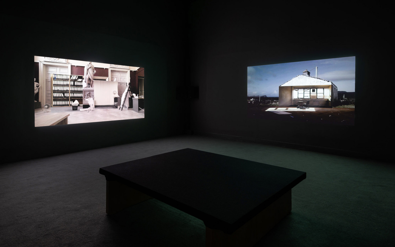 Ailbhe Ní Bhriain 'Great Good Places' (2011) a four–screen installation, video & cgi composite, colour, sound, looped at Crawford Art Gallery, Cork 2019 (solo), curated by Dawn Williams, installation photography by Jed Niezgoda.