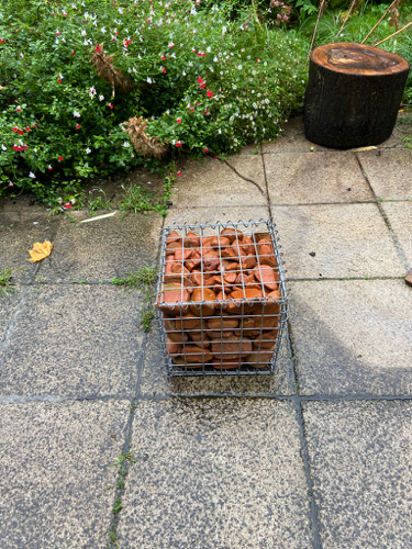 Alex Rich 'Scenario (bag of sand)' gabion, weathered bricks, 2019