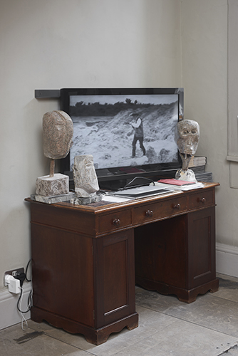 Drew Edwards 'Willie the Bool' (granite) August 2019, 'Skull' (granite, flint) January 2019, 'Mute Father' (granite on marble) April 2019, Film Reel, photo by Andy Keate