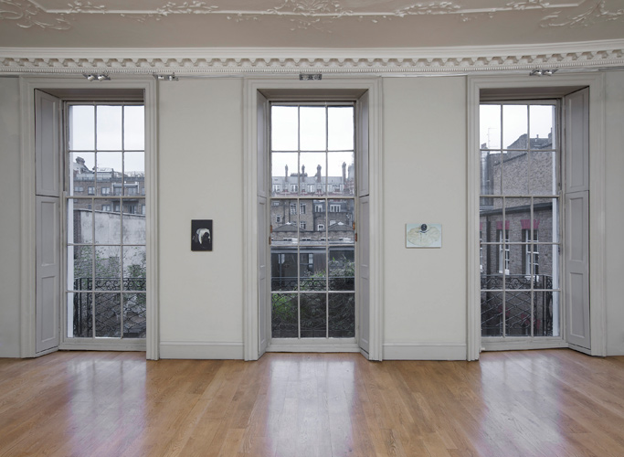 Christopher Hanlon 'Disseminatus' installation showing: 'The Performance' (left) 36×24.5cm/14×9.7in oil on linen stretched over board, 2012, 'Vigil' (right) 28×41.5cm/11×16.4in oil on linen stretched over board, 2012, photo by Andy Keate, courtesy domobaal