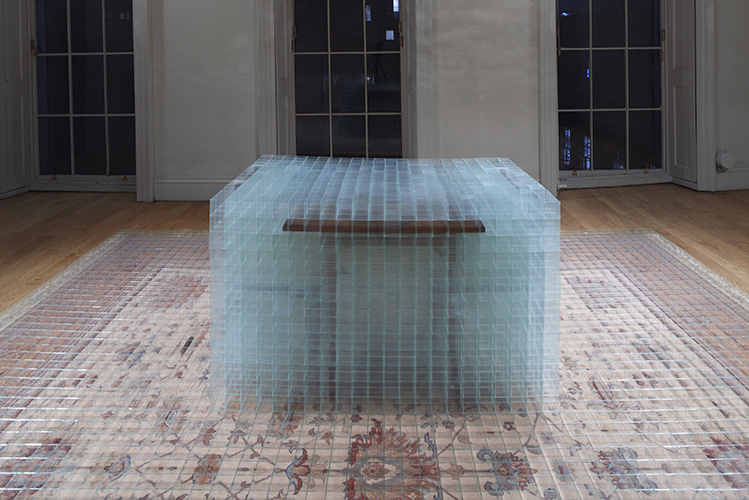 image: David Cheeseman 'Once ever After: Thrice Removed' 383×290×81(h)cm, 2014, glass, tape, carpet and furniture (7,752 glass boxes, each 58mm cubed) installation photography by Andy Keate