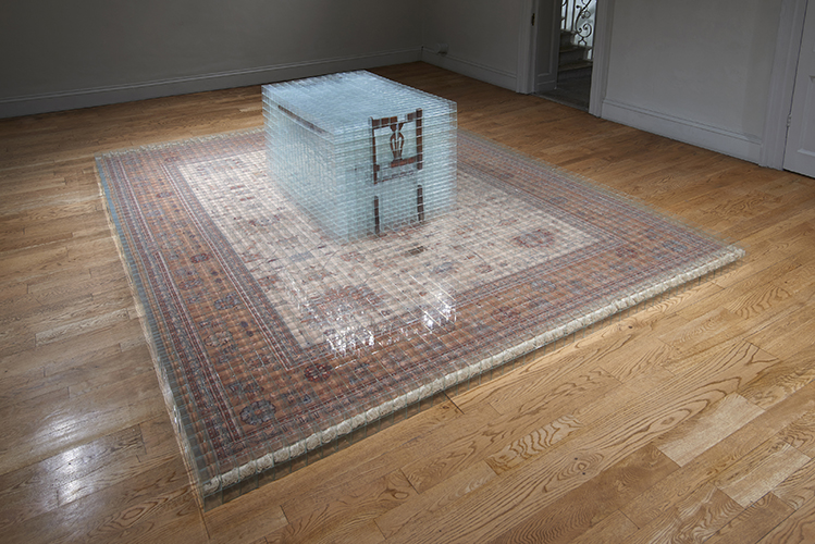 image: David Cheeseman 'Once ever After: Thrice Removed' 383×290×81(h)cm, 2014, glass, tape, carpet and furniture (7,752 glass boxes, each 58mm cubed) installation photography by Andy Keate