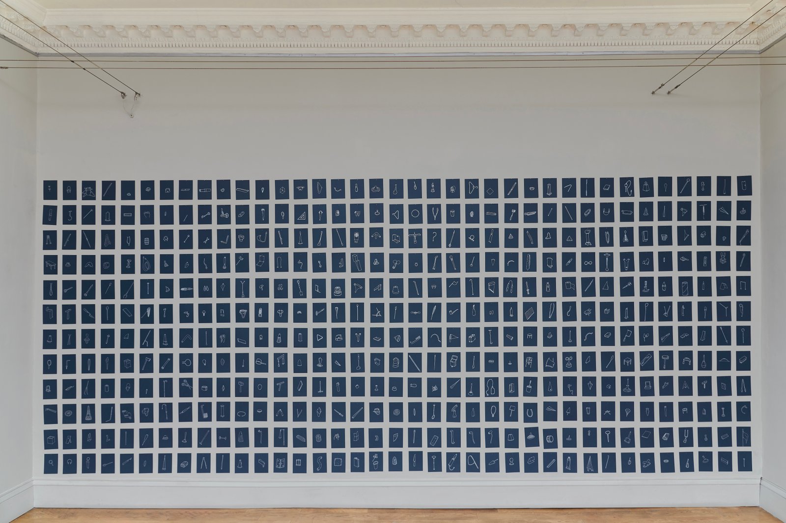 Dermot O'Brien 'Michaelmas Cycle' 2025, 444, A6 silver ink on midnight blue card (from a total of 460), installation photography by Andy Keate Dermot O'Brien 'Michaelmas Cycle' 2025, 444, A6 silver ink on midnight blue card (from a total of 460), installation photography by Andy Keate