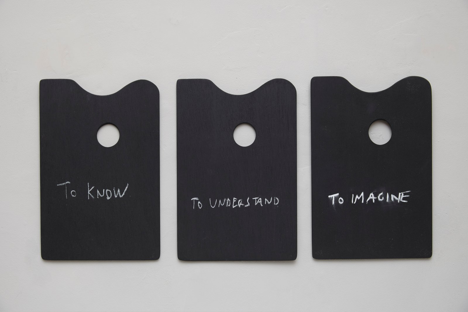 Dermot O'Brien 'Untitled (IK)' chalk on gessoed timber palettes (in three parts) 2025, 28.6(h)x62cm, photography by Andy Keate Dermot O'Brien 'Untitled (IK)' chalk on gessoed timber palettes (in three parts) 2025, 28.6(h)x62cm, photography by Andy Keate