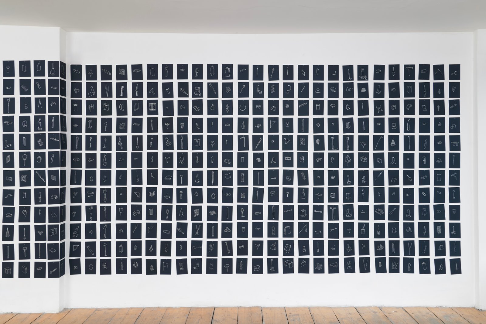 Dermot O'Brien 'Schwabian Cycle' 200(h)x800cm long (approx) 616 x A6 drawings (from a total of 835) silver ink on dark blue Canford paper, 2015 (exhibited in 'Slip' Städtische Valerie Villingen-Schwenningen, Germany in 2016)installation photography by Andy Keate at Tension Fine Art