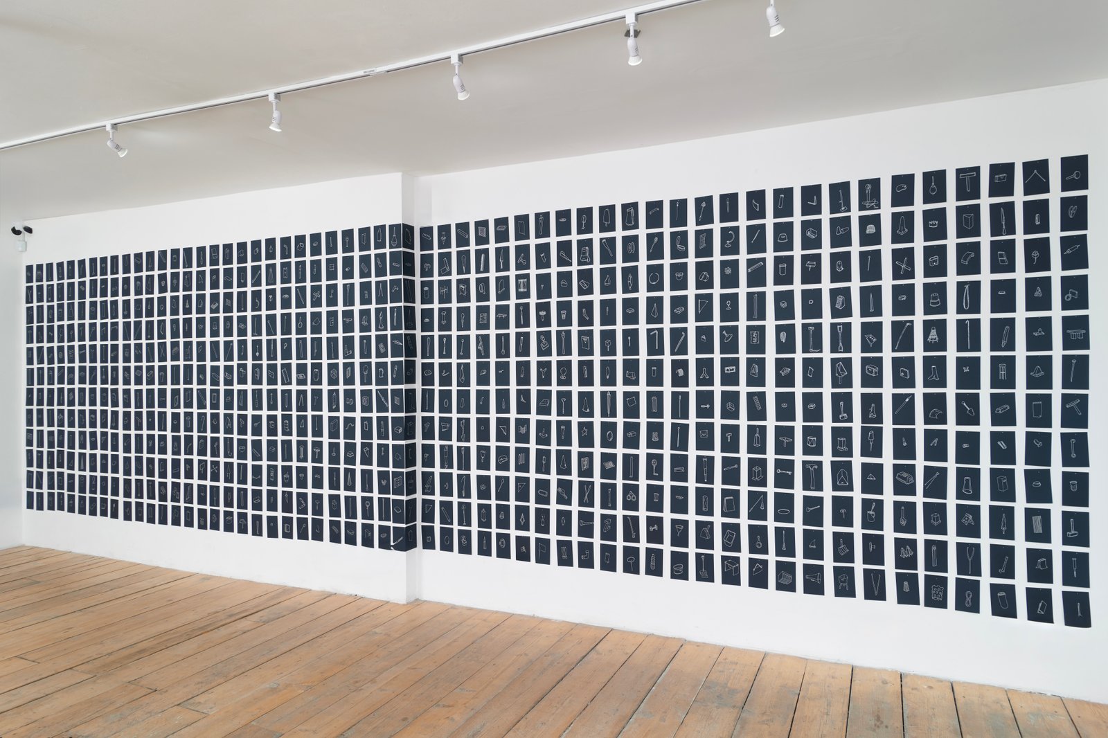 Dermot O'Brien 'Schwabian Cycle' 200(h)x800cm long (approx) 616 x A6 drawings (from a total of 835) silver ink on dark blue Canford paper, 2015 (exhibited in 'Slip' Städtische Valerie Villingen-Schwenningen, Germany in 2016)installation photography by Andy Keate at Tension Fine Art