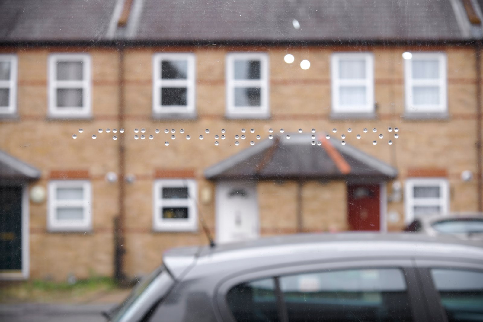 Dermot O'Brien 'Vision' 4(h)×63.6cm, braille silicone dots on glass, edition of 5 (+2ap) 1995/2025 photograph by Andy Keate at Tension Fine Art Dermot O'Brien 'Vision' 4(h)×63.6cm, braille silicone dots on glass, edition of 5 (+2ap) 1995/2025 photograph by Andy Keate at Tension Fine Art