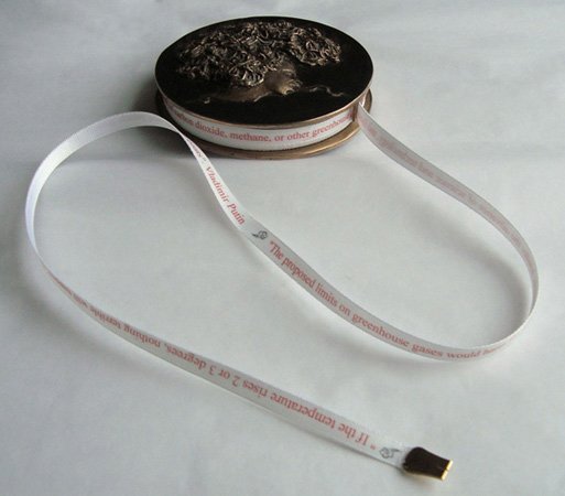 Felicity Powell 'Hot Air' cast bronze in 2 parts with printed retractable cotton tape, 2009, edition 3. loop to the first image. Felicity Powell 'Hot Air' cast bronze in 2 parts with printed retractable cotton tape, 2009, edition 3