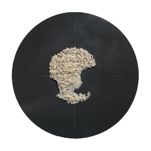 Felicity Powell 'Spaghetti Head' (wax on back of mirror, 20cm/7.9" diameter)