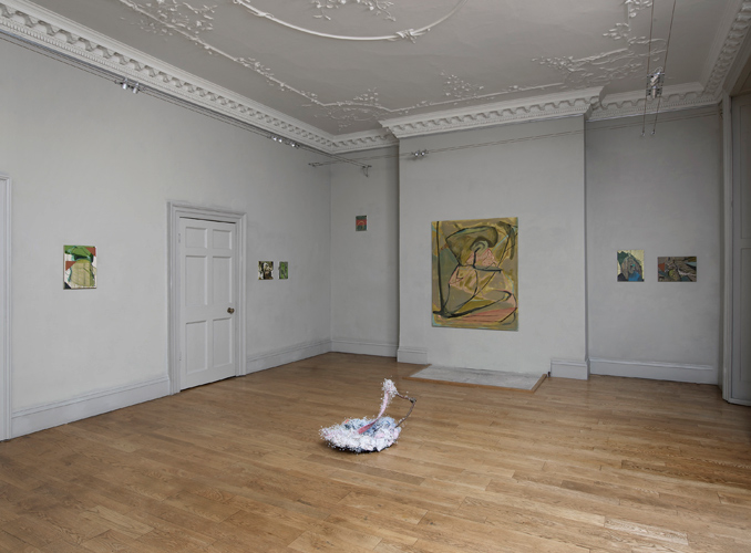 Damien Flood paintings installation; Mhairi Vari 'Cloudy Outlook' silk ties, kimble tags, satellite dish, twig, 40(h)×70×58cm, 2013, photo by Andy Keate