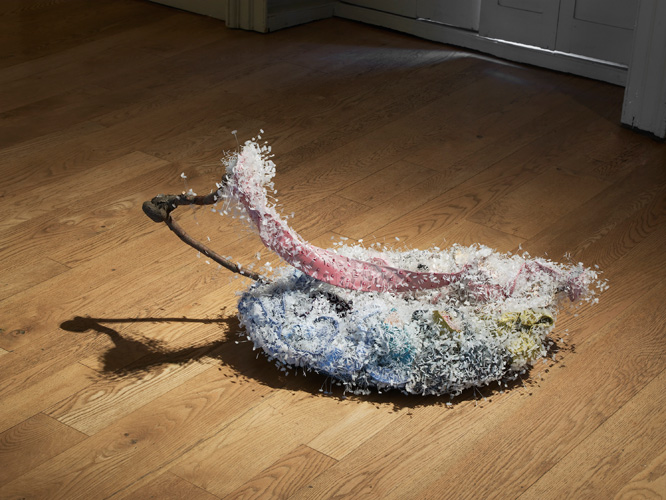 Mhairi Vari 'Cloudy Outlook' silk ties, kimble tags, satellite dish, twig, 40(h)×70×58cm, 2013, photo by Andy Keate