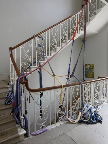 Damien Flood 'Basin' oil on cotton, 80×60cm, 2012; Mhairi Vari 'LOL Memory' silk ties, socks, jubilee clips, e.p.s. beads, dimensions variable, 2013, photo by Andy Keate