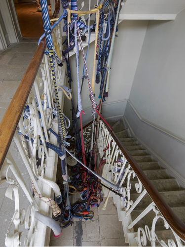 Mhairi Vari 'LOL Memory' silk ties, socks, jubilee clips, e.p.s. beads, dimensions variable, 2013, photo by Andy Keate