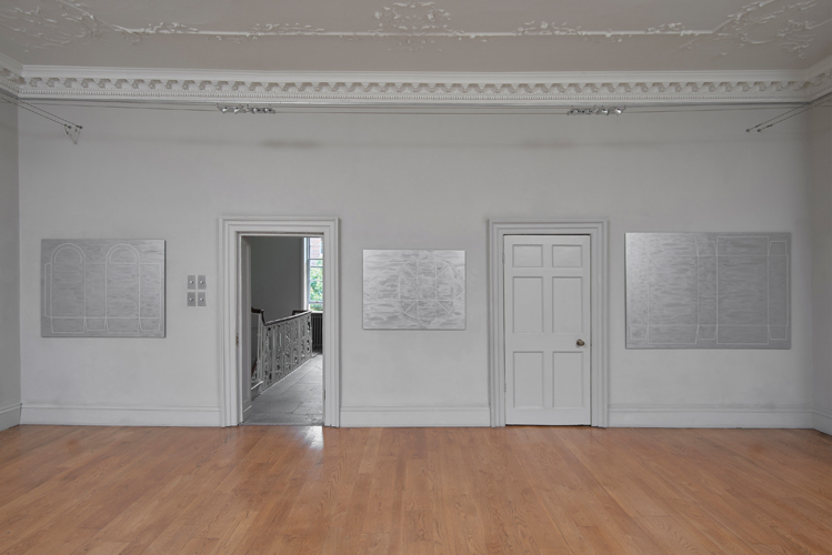Andrew Curtis 'Assorted Originals' paintings nos. 1,8 and 7 from the list below, all aluminium paint on Dibond, 2018, installation view photo by Andy Keate