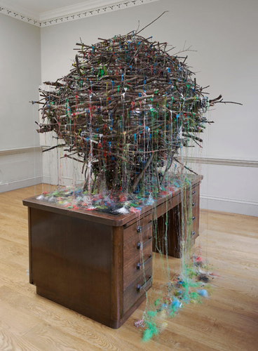 Mhairi Vari 'Hub (John Street)' (Gazing Ball, hot–melt glue, desk, twigs 250(h)×180×180cm 2011) photo by Andy Keate