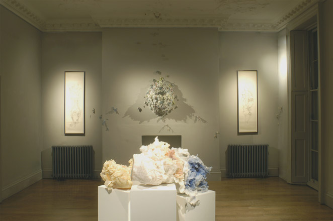 Paradisiaco: Haris Epaminonda (framed drawings), Neal Rock (on wall) and Rebecca Stevenson (on plinths), domobaal gallery, 2004