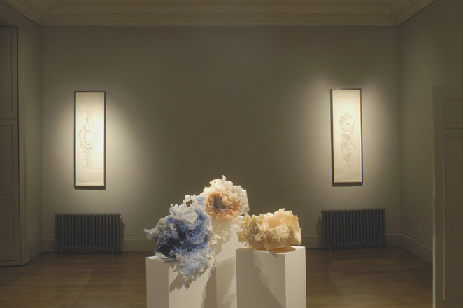 Paradisiaco: Haris Epaminonda (framed pencil drawings) and Rebecca Stevenson (wax sculptures on plinths), domobaal gallery, 2004