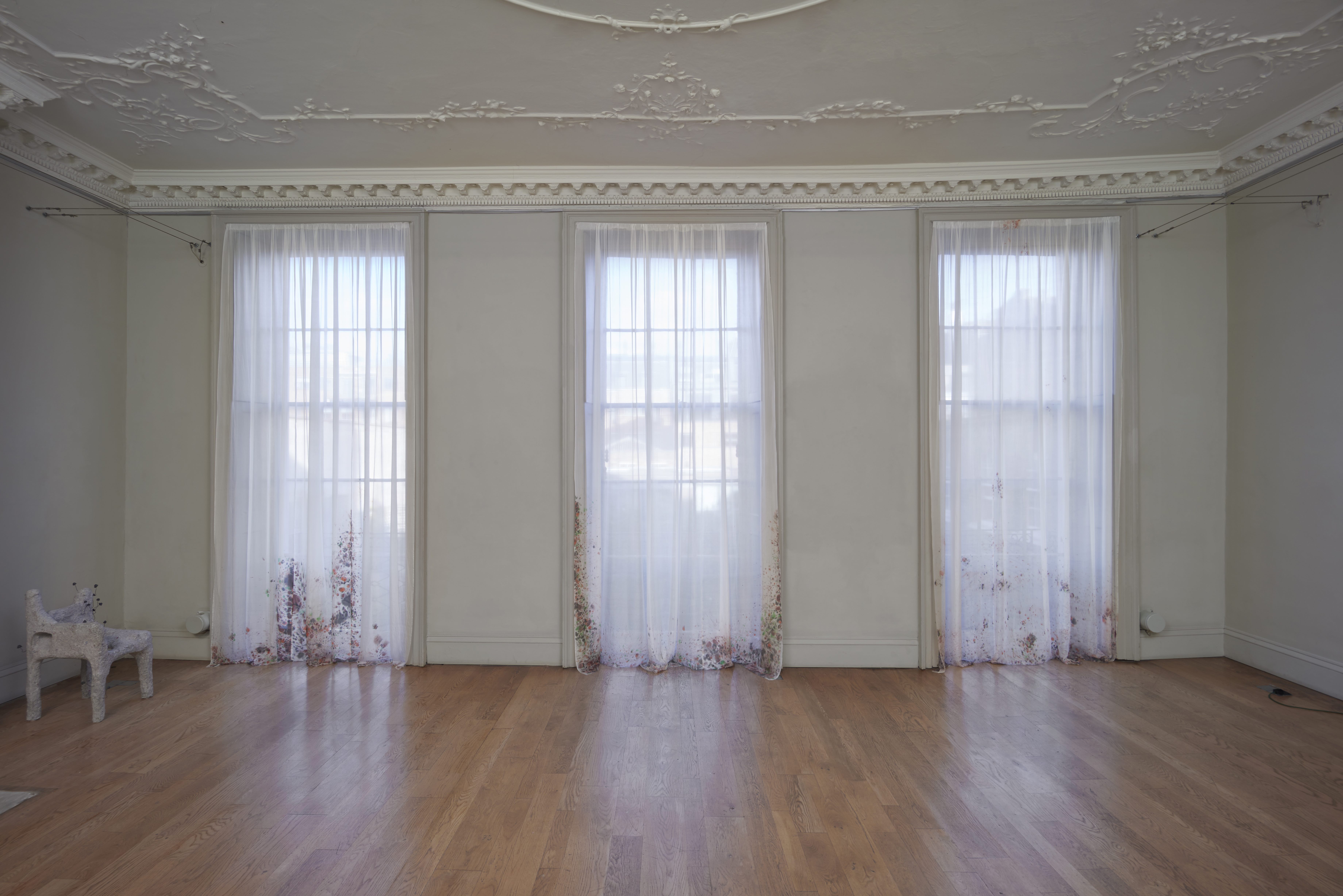 Rachel Adams 'Rising Damp' 3 × fabric paint on silk, 325×144 cm, 2022 (each) installation photography by Andy Keate