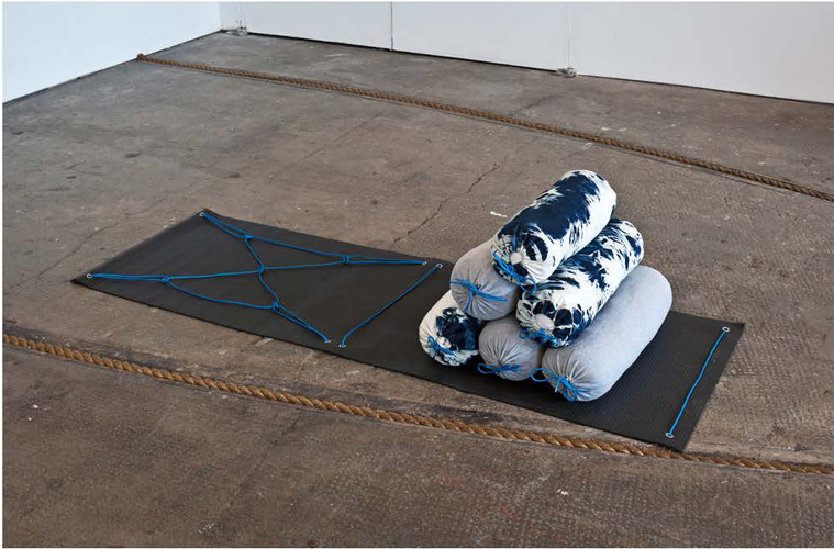 Rachel Adams 'Self–Improvement (Space–Craft) 2' bleached demin, yoga mat, eyelets, rope, 50×180×60 cm, 2013, photo Keith Hunter