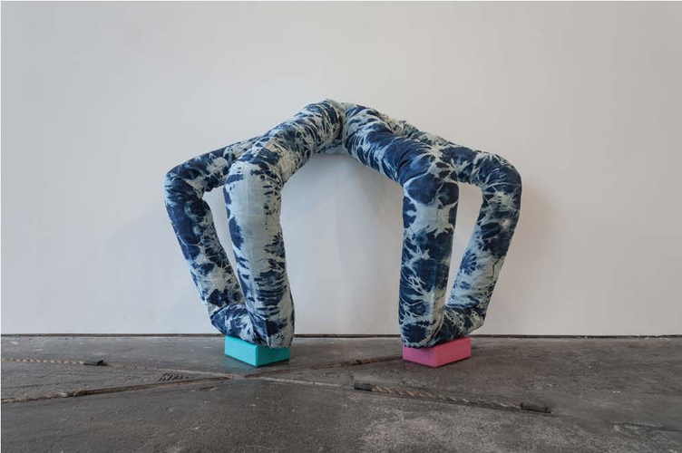 Rachel Adams 'Self–Improvement (Poised Forms) 3' bleached denim, yoga blocks, 105×140×76 cm, 2013, photo Patrick Jameson
