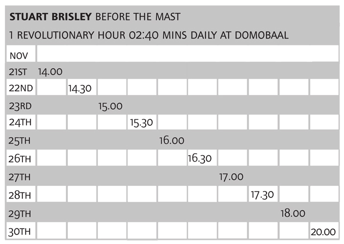 Stuart Brisley 'Before The Mast' performance timetable for 21–30 November 2013 at domobaal